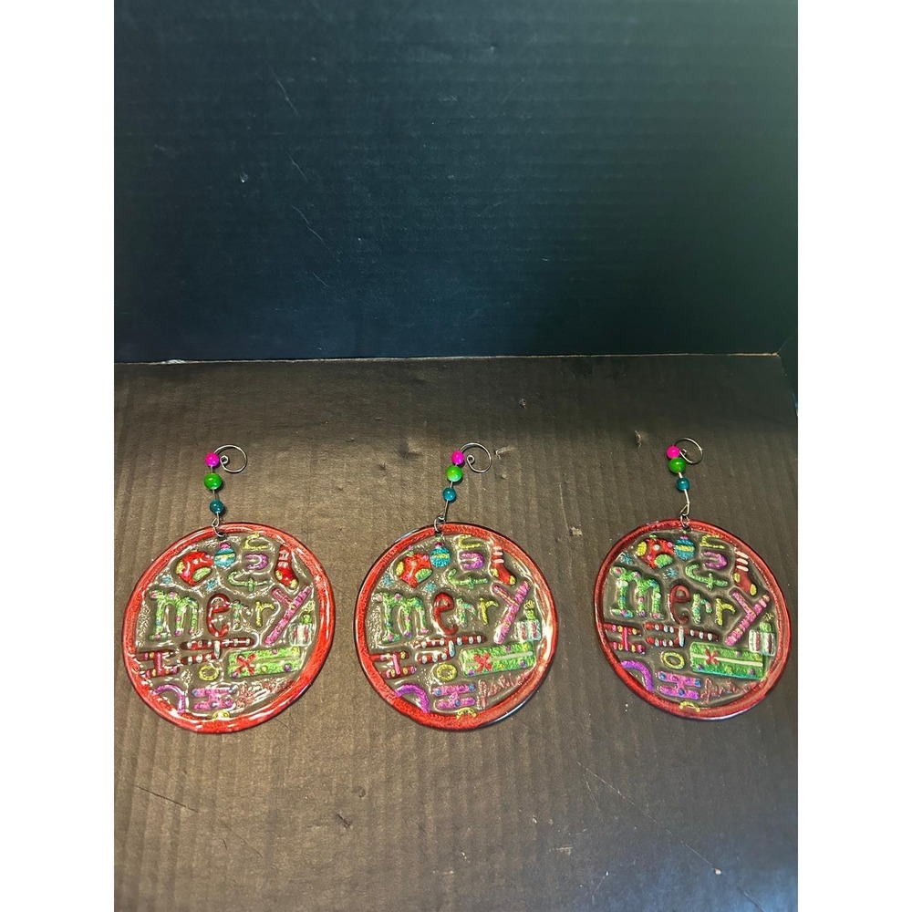 (3)"Merry Fun Ho Ho Ho" Christmas Glass Ornament Round Sun Catcher Holiday Decor
